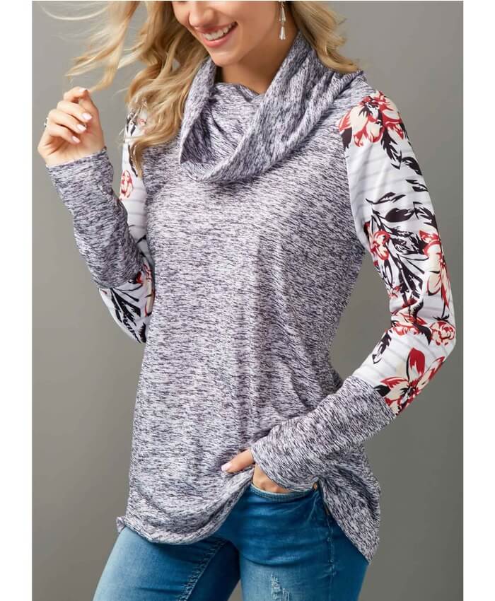 Patchwork Cowl Neck Flower Print T Shirt